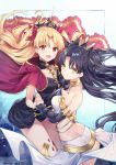  2girls black_dress blonde_hair cape dress elbow_gloves ereshkigal_(fate/grand_order) fate/grand_order fate_(series) gloves ishtar_(fate/grand_order) jewelry multiple_girls neck_ring red_cape single_elbow_glove single_sleeve tiara two_side_up yuya_(night_lily) 