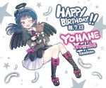  1girl anko_(love_live!_sunshine!!) birthday black_dress black_footwear black_wings blue_hair character_name dated deadnooodles dog dress english fang hair_bun happy_birthday highres holding long_hair long_sleeves love_live! love_live!_sunshine!! one_eye_closed pink_eyes puppy side_bun star tongue tongue_out tsushima_yoshiko white_feathers wings 