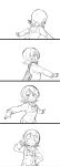  1girl 4koma :d ^_^ closed_eyes closed_eyes comic facing_away facing_viewer from_side greyscale hand_on_hip hand_up highres long_sleeves looking_at_viewer looking_back love_live! love_live!_sunshine!! mezashi_(mezamashi_set) monochrome neck_ribbon open_mouth outstretched_arms parted_lips pleated_skirt profile ribbon sailor_collar salute school_uniform serafuku short_hair silent_comic simple_background skirt smile solo spread_arms tareme upper_body uranohoshi_school_uniform watanabe_you white_background 