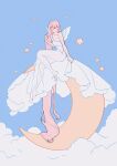  1girl absurdly_long_hair absurdres bangs bare_legs barefoot blue_sky closed_eyes clouds crescent_moon dress feathered_wings hand_up highres long_hair meyoco moon original pink_hair sky solo star_(symbol) very_long_hair white_dress white_wings wide_shot wings 