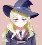  1girl bangs blonde_hair blue_eyes blue_hat blue_ribbon diana_cavendish hat hat_ribbon highres little_witch_academia long_hair neck_ribbon parted_bangs pink_background ribbon shirt solo upper_body white_shirt witch_hat yutsuki_(pixiv4894196) 