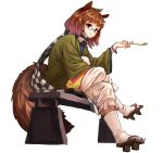  1girl :3 animal_ears bench brown_eyes brown_hair full_body futatsuiwa_mamizou glasses highres legs_crossed looking_at_viewer nob1109 pipe raccoon_ears raccoon_tail sandals sitting solo tail touhou white_background 