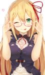  1girl ;p absurdres adjusting_eyewear arisa_(shadowverse) bare_arms bare_shoulders blonde_hair breasts closed_mouth commentary_request dress eyebrows_visible_through_hair green_eyes hair_between_eyes hairband hands_up heart highres impossible_clothes impossible_dress large_breasts long_hair looking_at_viewer neck_ribbon one_eye_closed pointy_ears raised_eyebrows red-framed_eyewear red_hairband red_ribbon ribbon semi-rimless_eyewear shadowverse simple_background sleeveless sleeveless_dress smile solo tongue tongue_out upper_body white_background yamato_(muchuu_paradigm) 