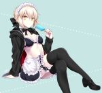  1girl apron arm_support artoria_pendragon_(all) artoria_pendragon_(swimsuit_rider_alter) bikini_top black_bikini_top black_footwear black_jacket black_legwear black_skirt blonde_hair braid breasts closed_mouth commentary_request fate/grand_order fate_(series) fingernails food frilled_apron frilled_bikini_top frilled_skirt frills hand_up high_heels holding holding_food hood hood_down hooded_jacket jacket kubyou_azami leg_garter legs_crossed long_sleeves looking_at_viewer maid_headdress open_clothes open_jacket popsicle shoes sidelocks sitting skirt sleeves_past_wrists small_breasts solo thigh-highs waist_apron white_apron yellow_eyes 
