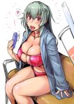  bench bikini breasts choker cleavage collarbone commentary cup disposable_cup drinking_straw electric_fan eyebrows_visible_through_hair eyepatch_bikini green_hair hair_between_eyes handheld_fan heart highres jacket large_breasts long_hair nail_polish open_mouth red_bikini red_eyes rozen_maiden sidelocks sitting smile spoken_heart suigintou sweat swimsuit tsuda_nanafushi white_background 