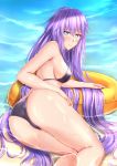  1girl alternate_hairstyle ass bikini black_bikini blue_eyes blush from_behind hand_on_own_thigh long_hair looking_at_viewer looking_back lying medium_hair muwa12 neptune_(series) on_side outdoors partially_submerged power_symbol purple_hair purple_heart smile solo swimsuit symbol-shaped_pupils thighs very_long_hair water wet 