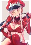  1girl alluring_chief_warden_look bangs blunt_bangs breasts elbow_gloves fate/grand_order fate_(series) gloves hat holding_whip ken_otogi long_hair looking_at_viewer medb_(fate/grand_order) medium_breasts military military_uniform navel peaked_cap pink_hair riding_crop smile solo uniform whip yellow_eyes 