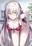  1girl ahoge bangs bare_shoulders blush bra breasts cleavage closed_mouth collarbone fate/grand_order fate_(series) hair_between_eyes hanging_breasts highres hips jeanne_d&#039;arc_(alter)_(fate) jeanne_d&#039;arc_(fate)_(all) large_breasts leaning_forward long_hair looking_at_viewer pale_skin panties red_bra red_panties rin_yuu silver_hair solo thighs underwear very_long_hair yellow_eyes 