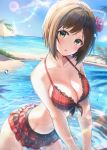  1girl animal_ears bangs bare_shoulders beach bikini blue_sky blush breasts brown_hair cat_ears cleavage collarbone flower green_eyes hair_flower hair_ornament hips idolmaster idolmaster_cinderella_girls large_breasts looking_at_viewer maekawa_miku miniskirt ocean parted_lips plaid plaid_bikini red_bikini short_hair skirt sky solo sunlight swept_bangs swimsuit takeashiro waist 