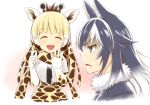  2girls ^_^ animal_ears bangs black_hair black_neckwear blazer blonde_hair blue_eyes brown_hair closed_eyes closed_eyes commentary_request elbow_gloves eyebrows_visible_through_hair fang fur_collar giraffe_ears giraffe_horns giraffe_print gloves gradient_hair grey_wolf_(kemono_friends) half-closed_eyes hands_up holding holding_ring jacket jewelry kemono_friends long_hair multicolored_hair multiple_girls necktie open_mouth outstretched_hand parted_lips plaid_neckwear print_gloves print_neckwear print_skirt reticulated_giraffe_(kemono_friends) ring scarf shirt short_sleeves sidelocks skirt smile sparkle sweat sweating_profusely turn_pale two-tone_hair upper_body v-shaped_eyebrows wedding_band white_hair white_shirt wolf_ears wolf_girl zawashu |d 
