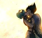  1boy 1girl black_gloves black_hair blue_hair blue_shirt bulma closed_eyes couple dragon_ball french_kiss gloves goggles goggles_on_head kiss shirt short_sleeves spiky_hair tied_hair vegeta vegetapsycho white_background 