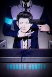  1boy android armband bai_rui black_hair blood blood_from_mouth blue blue_blood closed_eyes connor_(detroit) detroit:_become_human disembodied_head eyelashes gun_to_head highres male_focus necktie pool_of_blood solo 