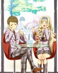  2boys 2girls bangs black_hair blazer brown_footwear closed_eyes commentary_request couple cup darling_in_the_franxx grey_blazer hachi_kou hair_ornament hairband hand_on_own_face hetero highres hiro_(darling_in_the_franxx) holding holding_cup holding_spoon horns jacket kokoro_(darling_in_the_franxx) legs_crossed long_hair mitsuru_(darling_in_the_franxx) multiple_boys multiple_girls oni_horns pants pink_hair plaid plaid_pants plaid_skirt purple_hairband red_horns school_uniform shoes short_hair sitting skirt socks spoon white_hairband zero_two_(darling_in_the_franxx) 