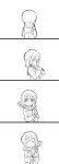  1girl 4koma ^_^ closed_eyes closed_eyes closed_mouth comic dot_nose facing_away facing_viewer floating_hair food food_in_mouth from_side greyscale hands_up highres holding holding_food kunikida_hanamaru long_sleeves looking_at_viewer love_live! love_live!_sunshine!! medium_hair mezashi_(mezamashi_set) monochrome neck_ribbon ribbon sailor_collar school_uniform serafuku silent_comic simple_background smile solo tareme upper_body uranohoshi_school_uniform wavy_mouth white_background 