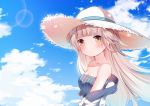 1girl azur_lane bangs bare_shoulders bikini blue_bikini blue_sky blunt_bangs blush breasts brown_eyes closed_mouth clouds cloudy_sky collarbone commentary_request day eyebrows_visible_through_hair hat jacket light_brown_hair linhe_de_chuangzi long_hair looking_at_viewer looking_to_the_side off_shoulder outdoors sky small_breasts solo straw_hat swimsuit very_long_hair white_hat white_jacket z46_(azur_lane) 