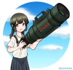  1girl black_eyes black_hair blue_skirt blue_sky braid camera casual clouds cowboy_shot hair_between_eyes isonami_(kantai_collection) kantai_collection kunsei_hamu looking_at_viewer open_mouth oversized_object pleated_skirt shirt sidelocks skirt sky solo t-shirt twin_braids zoom_lens 