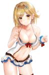  1girl bare_arms bare_shoulders blonde_hair blue_scrunchie blush bow breasts brown_eyes casual_one-piece_swimsuit cleavage closed_mouth collarbone commentary_request djeeta_(granblue_fantasy) fingernails granblue_fantasy hair_intakes hair_ornament hands_up head_tilt highres long_hair looking_at_viewer medium_breasts navel one-piece_swimsuit red_bow ria_(riarea00) scrunchie simple_background smile solo swimsuit white_background white_swimsuit wrist_scrunchie 
