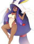  1girl animal_ears blanket breasts cleavage closed_mouth covered_navel dark_skin eyebrows_visible_through_hair facial_mark fate/grand_order fate_(series) highres jackal_ears jewelry long_hair looking_at_viewer medium_breasts medjed necklace nitocris_(fate/grand_order) nitocris_(swimsuit_assassin)_(fate) one-piece_swimsuit purple_hair sidelocks simple_background slugbox smile solo swimsuit very_long_hair violet_eyes white_background white_swimsuit 