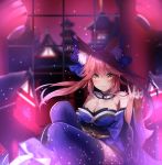  1girl absurdres animal_ears blue_legwear blue_ribbon breasts cleavage detached_sleeves fate/extra fate/grand_order fate_(series) fox_ears fox_tail hair_ribbon highres indoors japanese_clothes large_breasts light_smile looking_at_viewer night pink_hair ribbon solo suisen-21 tail tamamo_(fate)_(all) tamamo_no_mae_(fate) yellow_eyes 