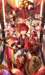  1boy bell cherry_blossoms daruma_doll drum elsword elsword_(character) fan holding instrument monkey obentou red_eyes redhead rope scorpion5050 shiny sitting traditional_clothes 