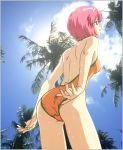  1990s_(style) 1girl adjusting_clothes adjusting_swimsuit casual_one-piece_swimsuit cowboy_shot day from_behind halterneck lowres official_art one-piece_swimsuit orange_swimsuit outdoors palm_tree photo_background pink_hair profile short_hair solo sweat swimsuit tree yamada_masaki zenkoku_seifuku_bishoujo_grand_prix 