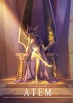 1boy atem cape character_name chin_rest full_body indoors legs_crossed long_hair looking_at_viewer purple_cape siaoyu sitting solo spiky_hair sunlight violet_eyes yu-gi-oh! 