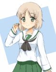  1girl aki_(girls_und_panzer) black_neckwear collarbone eyebrows_visible_through_hair girls_und_panzer green_eyes hair_twirling looking_at_viewer ma-2_(konkon_kitakitsune) ooarai_school_uniform pleated_skirt shirt short_hair silver_hair skirt smile solo standing white_shirt 