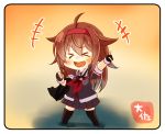  &gt;_&lt; 1girl :d ahoge arm_up bangs black_legwear black_serafuku blush brown_hair chibi clenched_hand closed_eyes commentary fingerless_gloves full_body gloves hair_flaps hairband index_finger_raised kantai_collection long_hair messy_hair neckerchief open_mouth orange_eyes red_hairband remodel_(kantai_collection) school_uniform serafuku shiratsuyu_(kantai_collection) short_sleeves sidelocks smile taisa_(kari) thigh-highs xd zettai_ryouiki 