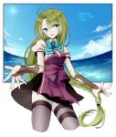  1girl a_lan_(eve9775844) absurdres ahoge black_skirt blue_eyes blue_sky bow bowtie braid brown_gloves character_name clouds cowboy_shot fingerless_gloves fisheye gloves green_hair green_neckwear grey_background highres kantai_collection long_hair looking_at_viewer mole mole_under_mouth pleated_skirt puffy_sleeves purple_vest remodel_(kantai_collection) school_uniform short_sleeves single_braid skirt sky smile solo thigh-highs upper_body very_long_hair vest yuugumo_(kantai_collection) 