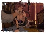  1boy 1girl all_fours animal_ears apron arm_support ball_gag bell belt blush bow breasts brown_eyes brown_hair cat_ears cat_girl chair chin_grab cleavage clenched_teeth cup curtains frills gag han-0v0 highres indoors jingle_bell kettle large_breasts maid paw_pose spill tail teeth thigh-highs tray wrist_cuffs zettai_ryouiki 