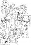  ankea_(a-ramo-do) bangs black_hair black_legwear black_wristband blue_(pokemon) blush crystal_(pokemon) cutoffs double_bun eyebrows_visible_through_hair facing_viewer greyscale haruka_(pokemon) hat hat_ribbon highres hikari_(pokemon) kotone_(pokemon) looking_at_viewer mei_(pokemon) mizuki_(pokemon) monochrome no_hat no_headwear poke_ball pokemon pokemon_(game) pokemon_bw pokemon_bw2 pokemon_dppt pokemon_frlg pokemon_gsc pokemon_hgss pokemon_oras pokemon_sm pokemon_usum pokemon_xy ribbon serena_(pokemon) short_hair shorts simple_background smile straw_hat touko_(pokemon) 