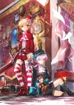  2boys aisha_(elsword) blonde_hair book chung_seiker clock cross doll elsword elsword_(character) eve_(elsword) eyebrows_visible_through_hair gloves gothic hat key lace mask multiple_boys paper railroad_tracks red_eyes scorpion5050 sword toy_train violet_eyes weapon white_hair 
