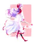  1girl breasts commentary_request curly_hair dragon_quest dragon_quest_ii dress hat hood hood_up kuzumosu long_hair looking_at_viewer pantyhose princess princess_of_moonbrook purple_hair solo weapon white_dress white_robe 