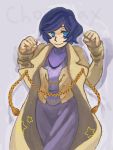  1girl aiguillette artist_name bangs blue_eyes blue_hair chocojax clenched_hands dress feet_out_of_frame original parted_bangs purple_dress short_hair simple_background smile solo star trench_coat turtleneck_dress yellow_coat 