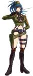  1girl alternate_costume belt black_gloves black_panties blue_hair boots breasts earrings eyepatch garrison_cap gloves hat holding_whip holster jewelry leona_heidern military military_hat military_uniform no_pants official_art ogura_eisuke panties riding_crop simple_background snk snk_heroines:_tag_team_frenzy solo the_king_of_fighters thigh-highs thigh_boots thigh_holster thigh_strap under_boob underwear uniform whip 
