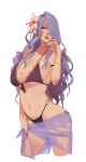  1girl bikini breasts camilla_(fire_emblem_if) fire_emblem fire_emblem_heroes fire_emblem_if flower hair_flower hair_ornament hair_over_one_eye highres large_breasts long_hair nail_polish purple_hair simple_background smile solo swimsuit violet_eyes 