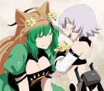  2girls :d ahoge animal_ears asaya_minoru atalanta_(fate) bandage bandaged_arm bandages bangs bare_shoulders black_gloves black_shirt breasts cat_ears cleavage closed_mouth dagger dress eye_contact eyebrows_visible_through_hair fate/apocrypha fate/grand_order fate_(series) flower gloves gradient_hair green_dress green_eyes green_hair hair_between_eyes hair_flower hair_ornament holding holding_flower jack_the_ripper_(fate/apocrypha) light_brown_hair long_hair looking_at_another medium_breasts multicolored_hair multiple_girls open_mouth pink_flower puffy_short_sleeves puffy_sleeves scar scar_across_eye sheath sheathed shirt short_hair short_sleeves sidelocks silver_hair single_glove sleeveless sleeveless_shirt smile very_long_hair weapon yellow_flower 