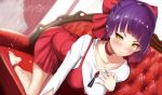  1girl bangs bent_over blunt_bangs blush bow choker couch dress gegege_no_kitarou half-closed_eyes hand_on_own_chest long_sleeves nekomusume nekomusume_(gegege_no_kitarou_6) on_couch pointy_ears purple_hair red_bow red_dress shirt solo strap_slip untsue white_shirt yellow_eyes 