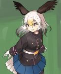  1girl absurdres bald_eagle_(kemono_friends) belt black_legwear blonde_hair blue_skirt buttons collaboration commentary_request cowboy_shot eyebrows_visible_through_hair gloves gradient_hair green_background hair_between_eyes head_wings highres jacket kemono_friends long_hair long_sleeves looking_to_the_side miniskirt multicolored_hair omnisucker pantyhose partial_commentary pleated_skirt rumenia_(ao2is) skirt smile solo tail_feathers white_gloves white_hair yellow_eyes 