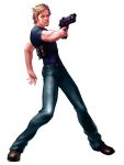  1boy artist_request beard belt blonde_hair bruce_mcgivern closed_mouth facial_hair full_body gun holding holding_gun holding_weapon jeans male_focus namco_x_capcom official_art pants resident_evil resident_evil_dead_aim short_hair simple_background solo weapon white_background 