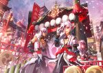  architecture bamboo bracelet cheering crowd drum drumsticks east_asian_architecture elsword elsword_(character) highres instrument jewelry lantern mask mask_removed parade priest raven_(elsword) scar scorpion5050 symbol tagme 