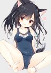  1girl animal_ears azur_lane barefoot black_hair breasts commentary_request covered_navel dog_ears dog_tail feet legs long_hair one-piece_swimsuit open_mouth ponytail red_eyes school_swimsuit shigure_(azur_lane) shiratama_(shiratamaco) sitting sketch smile solo spread_legs swimsuit tail 