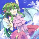  1girl arm_up blue_sky bracelet chiki clouds day dragon_wings fire_emblem fire_emblem:_mystery_of_the_emblem fire_emblem_heroes food green_eyes green_hair hair_ribbon jewelry long_hair mamkute open_mouth pink_swimsuit pointy_ears ponytail popsicle ribbon riyru4l sky solo swimsuit tiara wings 