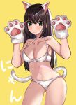  1girl absurdres animal_ears bangs blush bra breasts brown_hair cat_ears cat_girl cat_tail cleavage closed_mouth collarbone commentary_request eyebrows_visible_through_hair gloves gluteal_fold green_eyes hair_between_eyes hands_up highres idolmaster idolmaster_cinderella_girls idolmaster_cinderella_girls_starlight_stage kemonomimi_mode long_hair looking_at_viewer medium_breasts navel norazura panties paw_gloves paws shibuya_rin simple_background solo tail underwear underwear_only very_long_hair white_bra white_panties yellow_background 
