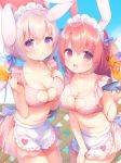  2girls :d animal_ears apron bangs blue_bow blurry blurry_background blush bow breasts cleavage cleavage_cutout collarbone commentary_request cup depth_of_field drink drinking_glass eyebrows_visible_through_hair food hair_between_eyes hair_bow hand_on_own_chest hand_up hands_up holding holding_food holding_tray large_breasts leaning_forward long_hair low_twintails maid_headdress medium_breasts multiple_girls navel open_mouth original parted_lips pink_skirt plaid plaid_skirt pleated_skirt popsicle rabbit_ears red_eyes redhead silver_hair skirt smile tray twintails usashiro_mani very_long_hair waist_apron white_apron 
