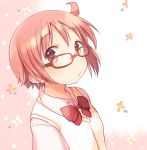  1girl ahoge blush bow bowtie closed_mouth eyebrows_visible_through_hair glasses looking_at_viewer looking_over_glasses nonohara_yuzuko pink_eyes pink_hair shirt short_hair simple_background solo tatsunokosso upper_body vest yuyushiki 