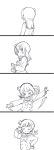  &gt;_&lt; 1girl 3: 4koma arms_at_sides blush closed_mouth comic dot_nose embarrassed facing_away facing_viewer floating_hair from_side greyscale hair_bun hand_on_hip hand_up hands_up highres long_sleeves looking_at_viewer love_live! love_live!_sunshine!! medium_hair mezashi_(mezamashi_set) monochrome motion_lines neck_ribbon nervous outstretched_arms parted_lips pleated_skirt pose ribbon sailor_collar school_uniform serafuku side_bun silent_comic simple_background skirt smile solo spread_arms sweat tsushima_yoshiko upper_body uranohoshi_school_uniform v v-shaped_eyebrows v_over_eye wavy_mouth white_background 