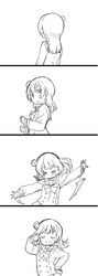  &gt;_&lt; 1girl 3: 4koma arms_at_sides blush closed_mouth comic dot_nose embarrassed facing_away facing_viewer floating_hair from_side greyscale hair_bun hand_on_hip hand_up hands_up highres long_sleeves looking_at_viewer love_live! love_live!_sunshine!! medium_hair mezashi_(mezamashi_set) monochrome motion_lines neck_ribbon nervous outstretched_arms parted_lips pleated_skirt pose ribbon sailor_collar school_uniform serafuku side_bun silent_comic simple_background skirt smile solo spread_arms sweat tsushima_yoshiko upper_body uranohoshi_school_uniform v v-shaped_eyebrows v_over_eye wavy_mouth white_background 