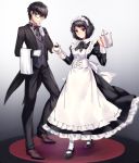  1boy 1girl alternate_costume apron butler cup curly_hair finger_to_mouth formal glasses gloves kawakami_sadayo long_skirt looking_at_viewer maid maid_apron maid_headdress neck_ribbon open_mouth persona persona_5 ribbon short_hair simple_background skirt smile tea_kettle teacup waistcoat white_gloves yaoto 