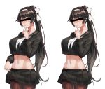  1girl absurdres azur_lane bangs bar_censor black_hair black_serafuku black_skirt bow breasts brown_legwear censored closed_mouth collarbone cowboy_shot crop_top crop_top_overhang eyebrows_visible_through_hair groin hair_flaps hairband hand_up highres huitu_xigai identity_censor index_finger_raised large_breasts legs_together long_hair long_sleeves midriff miniskirt navel neckerchief pantyhose pleated_skirt ponytail school_uniform serafuku shiny shiny_skin sidelocks simple_background skirt skirt_hold standing stomach takao_(azur_lane) thighband_pantyhose variations very_long_hair white_background white_bow white_hairband white_neckwear 